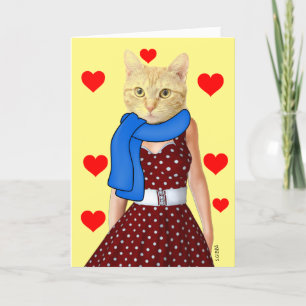 RETRO CAT PORTANT UNE CARTE D'ANNIVERSAIRE DE PETI