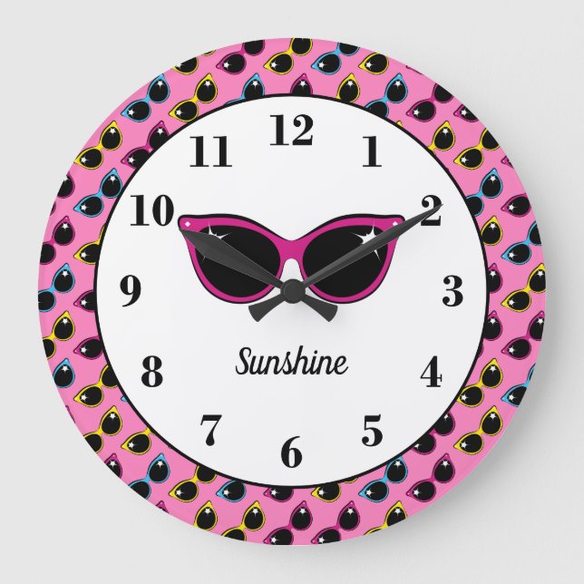 Retro Cat Sunglasses Pattern Pink Personalized Large Clock (Front)