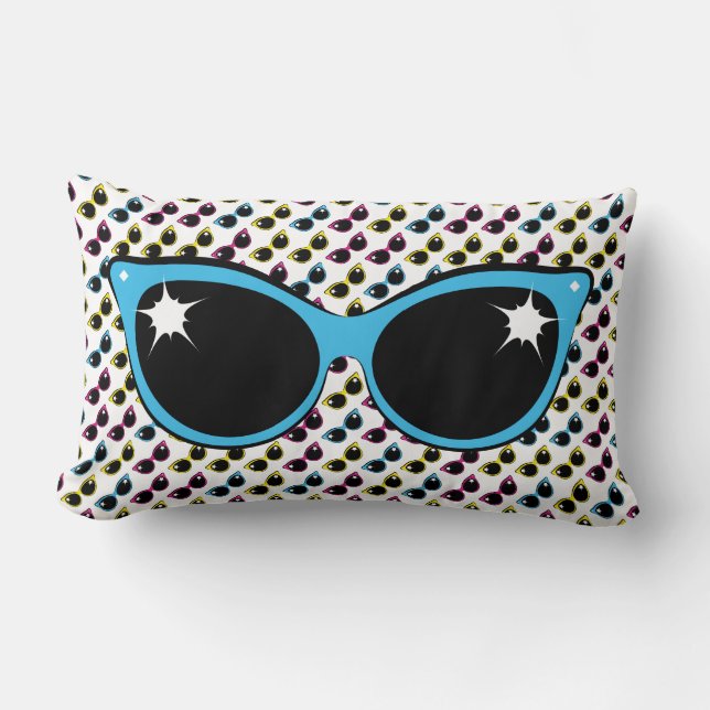 Retro Cat Sunglasses Pattern with Blue Lumbar Pillow (Front)