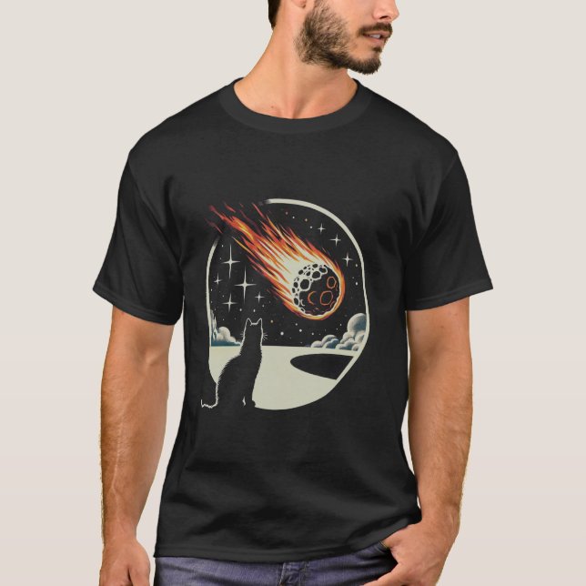 Retro Cat Watching Meteor Space funny Cat Asteroid T-Shirt (Front)