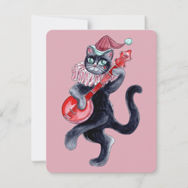 Retro Cat Watercolor Illustration Holiday Card  (Front)