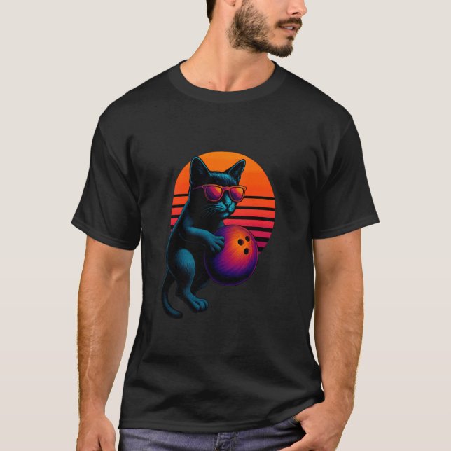 Retro Cat With Bowling Ball Bowling Player T-Shirt (Front)