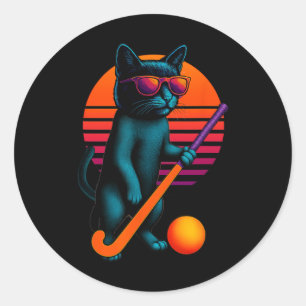 Retro Cat With Field Hockey Stick Field Hockey Pla Classic Round Sticker