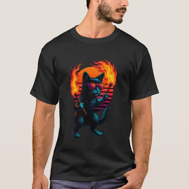 Retro Cat With Flaming Torches Fire Dancing Dancer T-Shirt (Front)