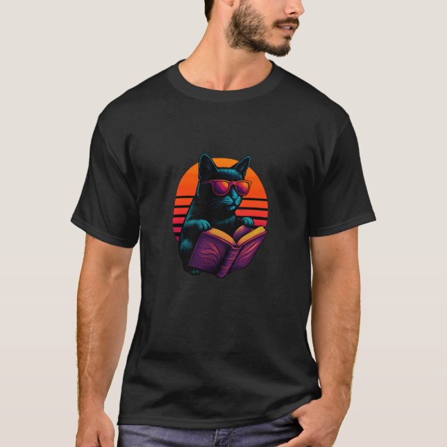 Retro Cat With Open Book Pages Reading Reader T-Shirt (Front)
