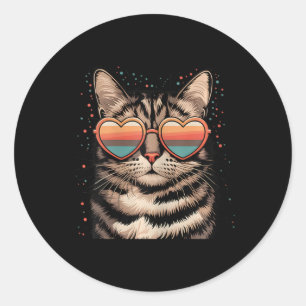 Retro Cat With Sungles Heart Love Cute Cat Valenti Classic Round Sticker