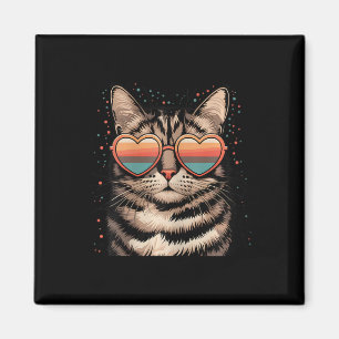 Retro Cat With Sungles Heart Love Cute Cat Valenti Magnet