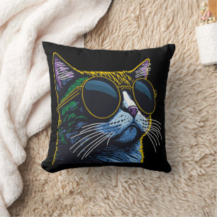 Retro Cat: Yellow Glasses Charm Throw Pillow