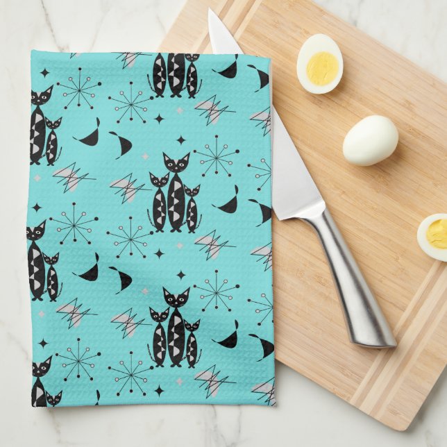 Retro Cats Atomic Starburst Modern Mid Century Kit Kitchen Towel (Quarter Fold)