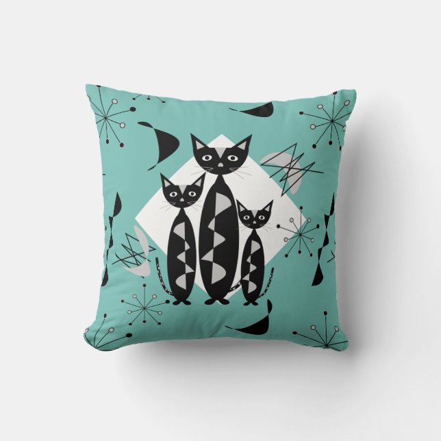 Retro Cats Atomic Starburst Modern Mid Century Throw Pillow (Front)