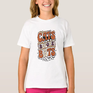Retro Cats Before Bats Typography Black Halloween T-Shirt