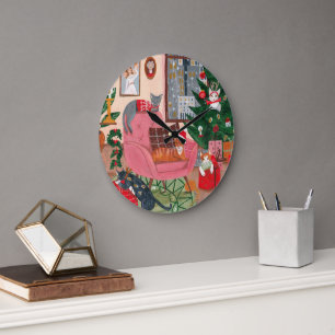 Retro cats Christmas  Large Clock