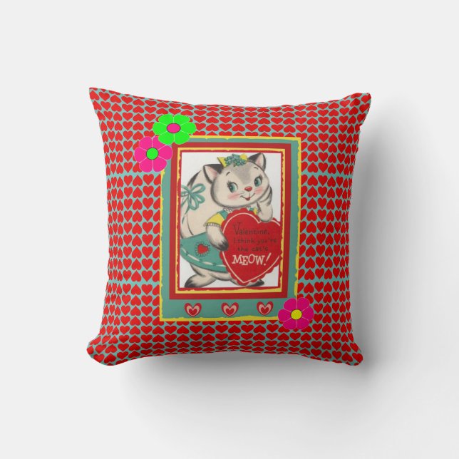 Retro "Cat's Meow" Valentines Kitty Throw Pillow (Front)