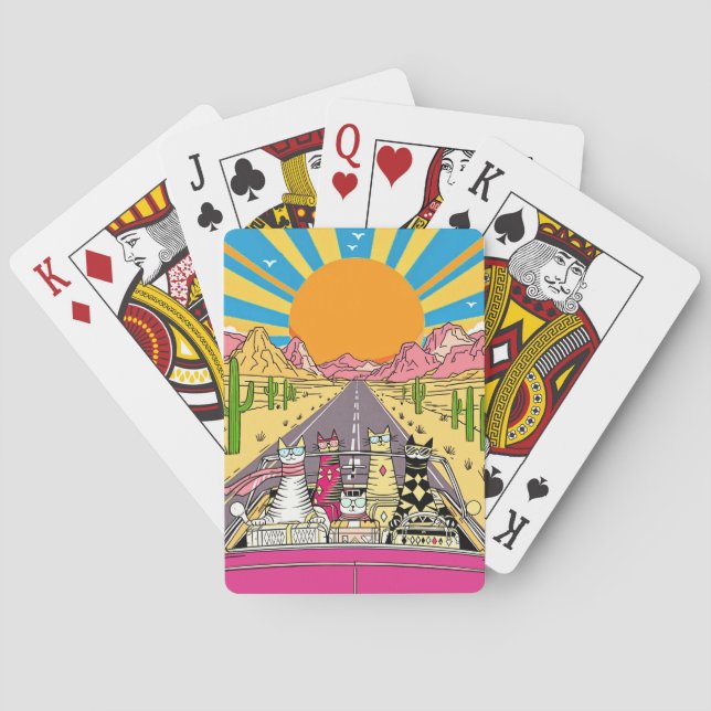 Retro Cats on Vacation Take a Road Trip Playing Cards (Back)