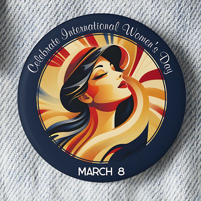 Retro Celebrate International Women's Day 2 Inch Round Button (Navy Blue Celebrate International Women's Day March 8 pinback button.)