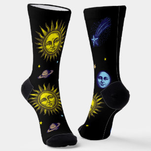 Retro Celestial Art Sun Moon Stars Planet Comet Socks