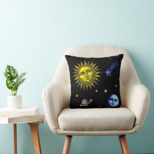 Retro Celestial Art Sun Moon Stars Planet Comet Throw Pillow