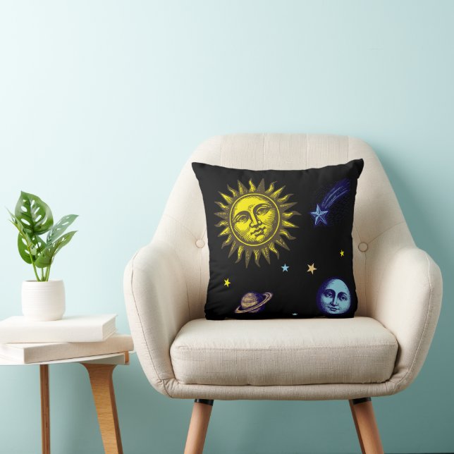 Retro Celestial Art Sun Moon Stars Planet Comet Throw Pillow (Chair)