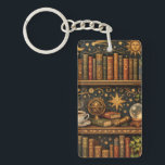 Retro celestial bookshelf book coffee lover keychain<br><div class="desc">A cozy retro-inspired design featuring a charming celestial bookshelf filled with vintage books,  delicate botanical accents,  cosmic design elements and a comforting cup of tea or coffee.</div>