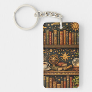 Retro celestial bookshelf book coffee lover keychain