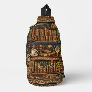 Retro celestial bookshelf book coffee lover sling bag