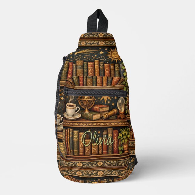 Retro celestial bookshelf book coffee lover sling bag (Front)