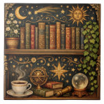 Retro celestial bookshelf book coffee lover tile<br><div class="desc">A cozy retro-inspired design featuring a charming celestial bookshelf filled with vintage books,  delicate botanical accents,  cosmic design elements and a comforting cup of tea or coffee.</div>