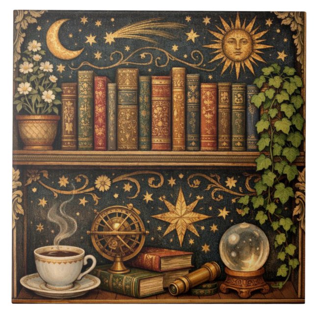 Retro celestial bookshelf book coffee lover tile (Front)