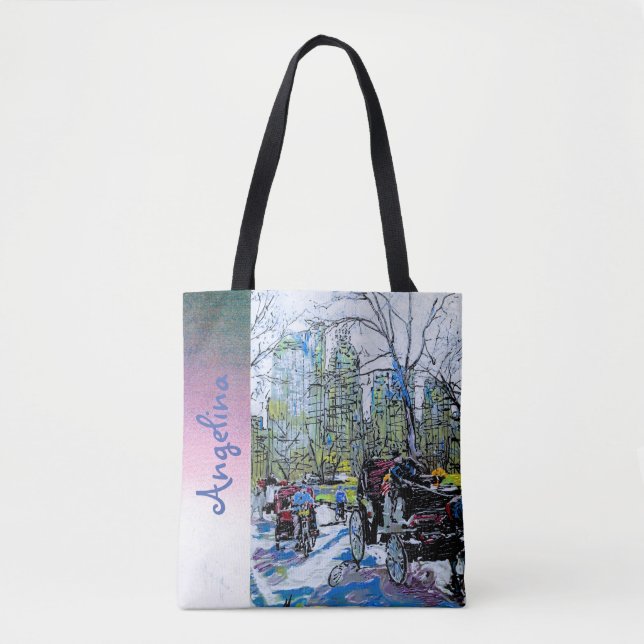 Retro Central Park NYC illustration Custom Name Tote Bag (Front)