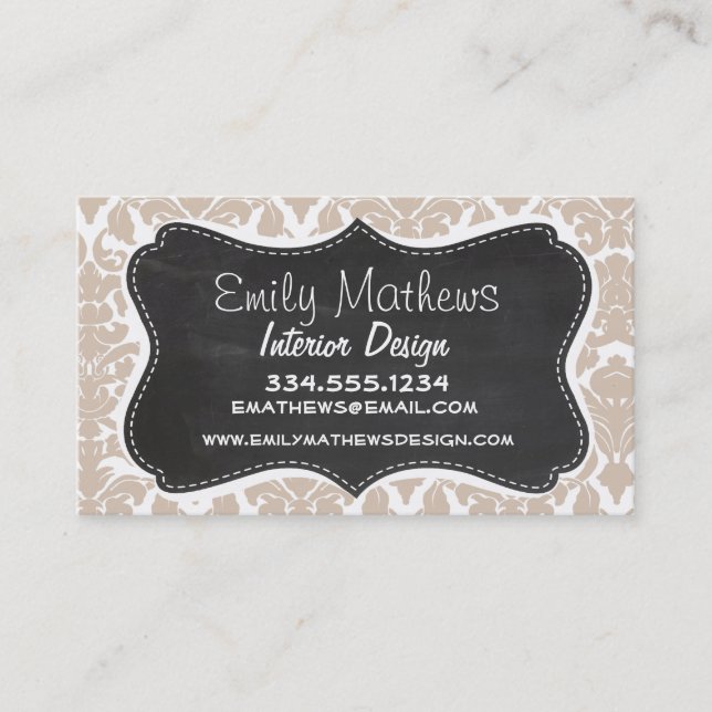 Retro Chalkboard Almond Colour Damask Pattern Business Card (Front)