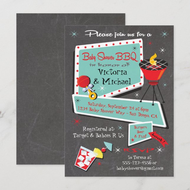 Retro Chalkboard Baby Shower Barbecue Invitation (Front/Back)