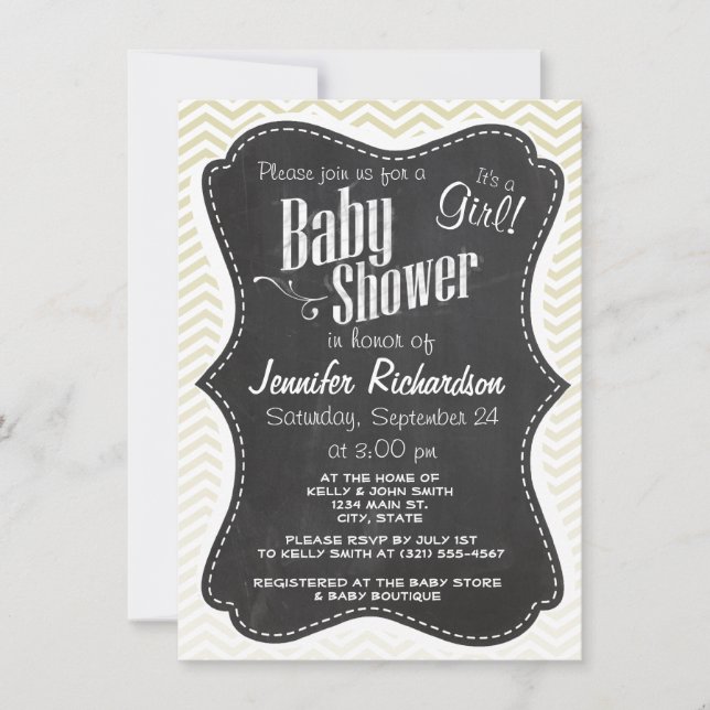 Retro Chalkboard; Beige Chevron; zig zag Invitation (Front)