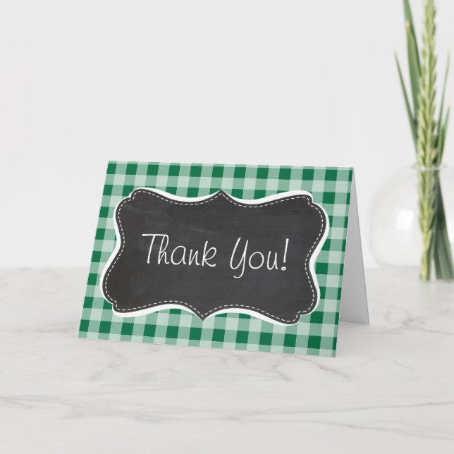 Retro Chalkboard Cadmium Green Gingham; Chequered Thank You Card (Front)