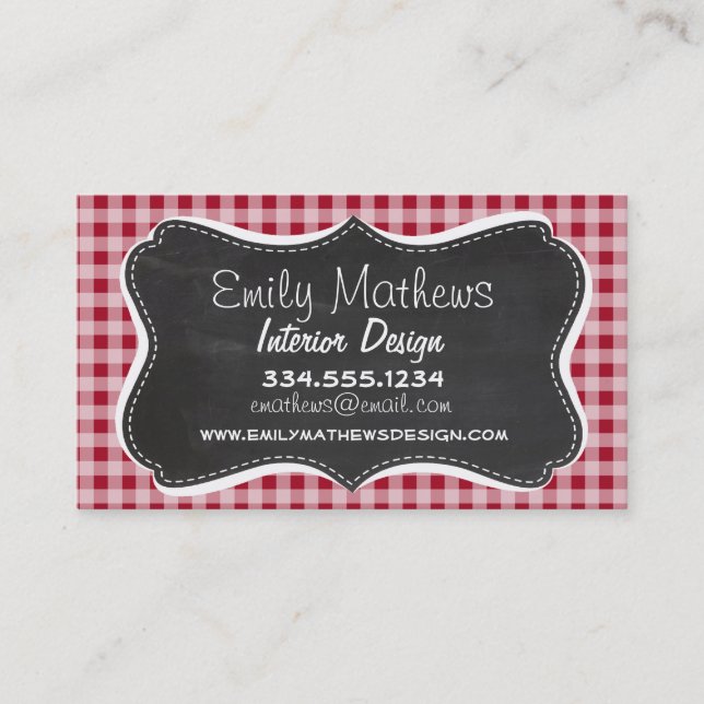 Retro Chalkboard; Carmine Red Gingham; Chequered Business Card (Front)