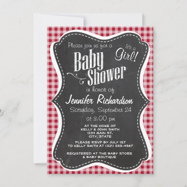 Retro Chalkboard; Carmine Red Gingham; Chequered Invitation (Front)