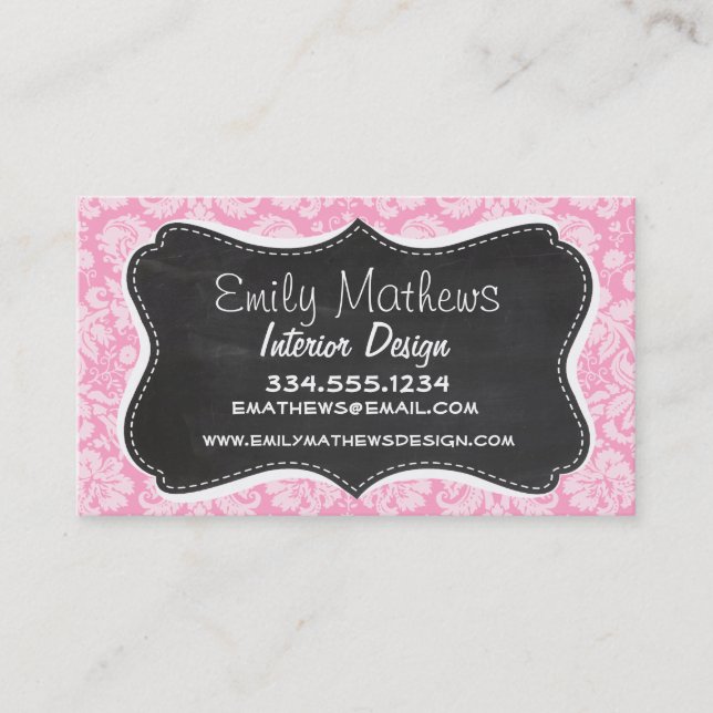Retro Chalkboard Carnation Pink Damask Pattern Business Card (Front)