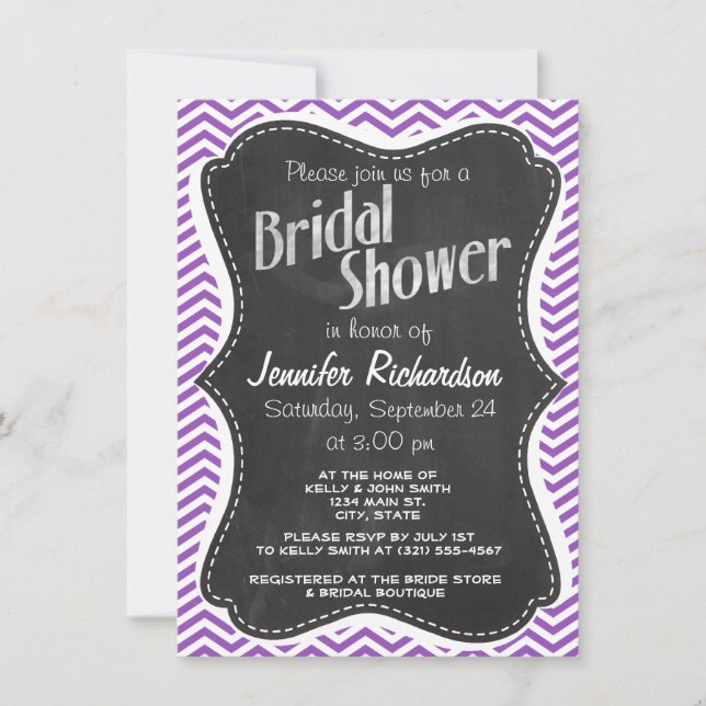 Retro Chalkboard; Deep Lilac Chevron Invitation (Front)