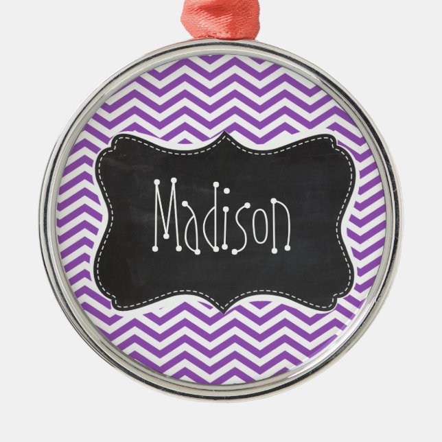 Retro Chalkboard; Deep Lilac Chevron Metal Ornament (Front)