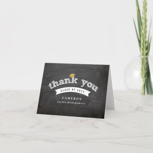 Retro Chalkboard Sketch Photo Graduation Cap Grad Thank You Card (Front)