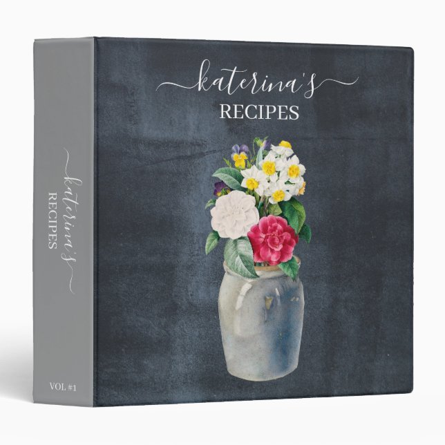 Retro Chalkboard Watercolor Wildflowers Recipe Binder (Front/Spine)