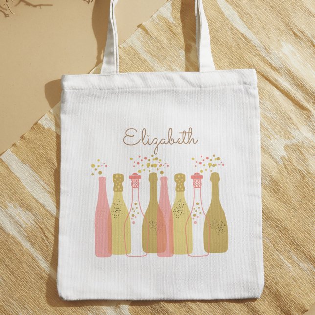 Retro Champagne Bottles Personalized Retro 1960s  Tote Bag (This champagne tote features pastel-colored rose and gold bottles for a pretty glam 1960s look.)