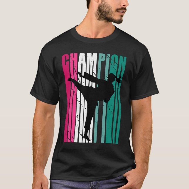 Retro Champion Of Karate Silhouette Colourful Teal T-Shirt (Front)