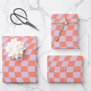 Retro Check Pattern Lilac And Orange Checkerboard Wrapping Paper Sheet