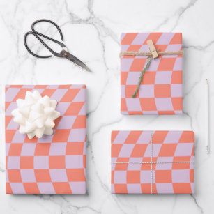 Retro Check Pattern Lilac And Orange Chequerboard Wrapping Paper Sheet