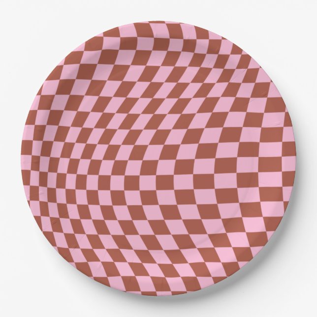 Retro Check Pattern Pink And Brown Chequerboard Paper Plate (Front)
