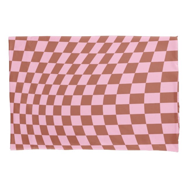 Retro Check Pattern Pink And Brown Chequerboard Pillowcase (Front)