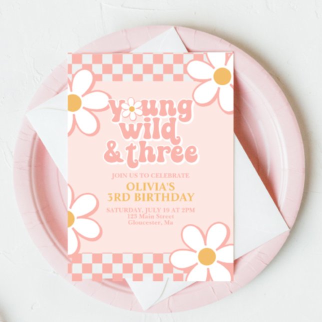 Retro Check Young Wild Three Pink Daisy Invitation (Creator Uploaded)