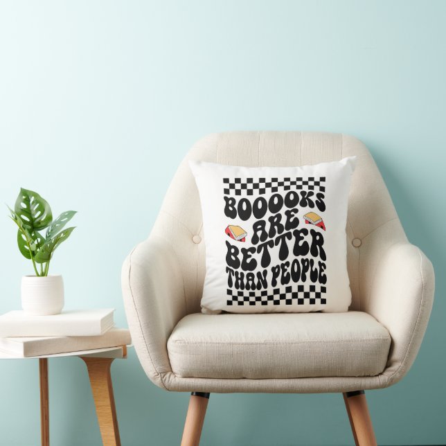 Retro Checkerboard "Books Are Better" Graphic Throw Pillow (Chair)
