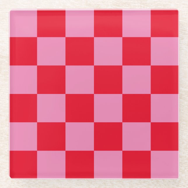 Retro Checkerboard Checkered Pattern Pink Orange Glass Coaster (Front)