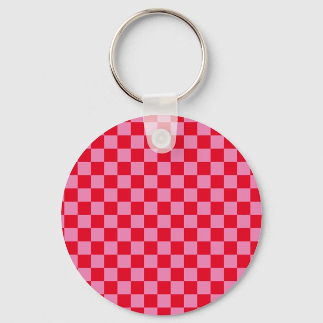 Retro Checkerboard Checkered Pattern Pink Orange Keychain (Front)